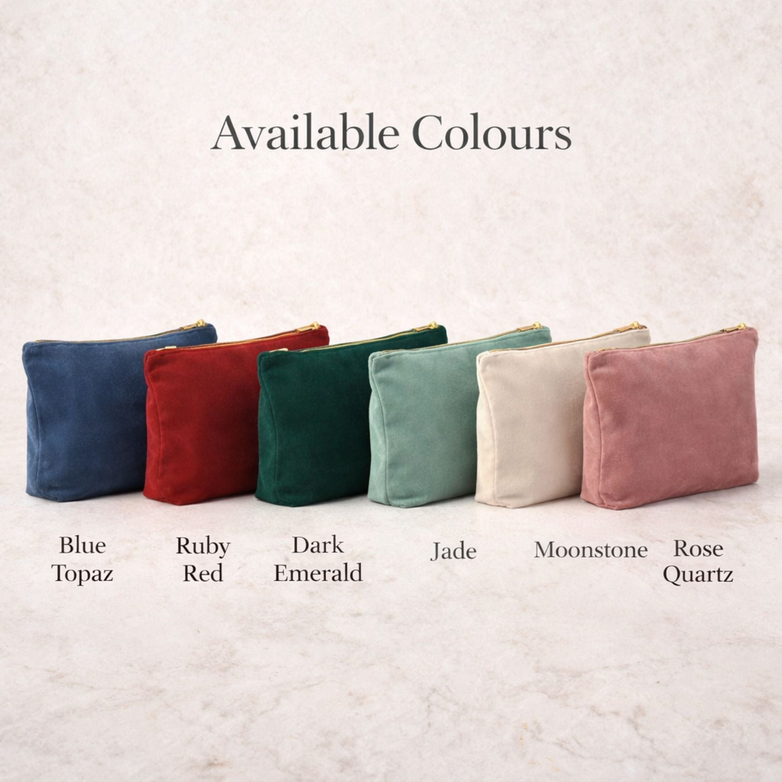 Personalised velvet accessory bags available in multiple colours with metallic embroidery