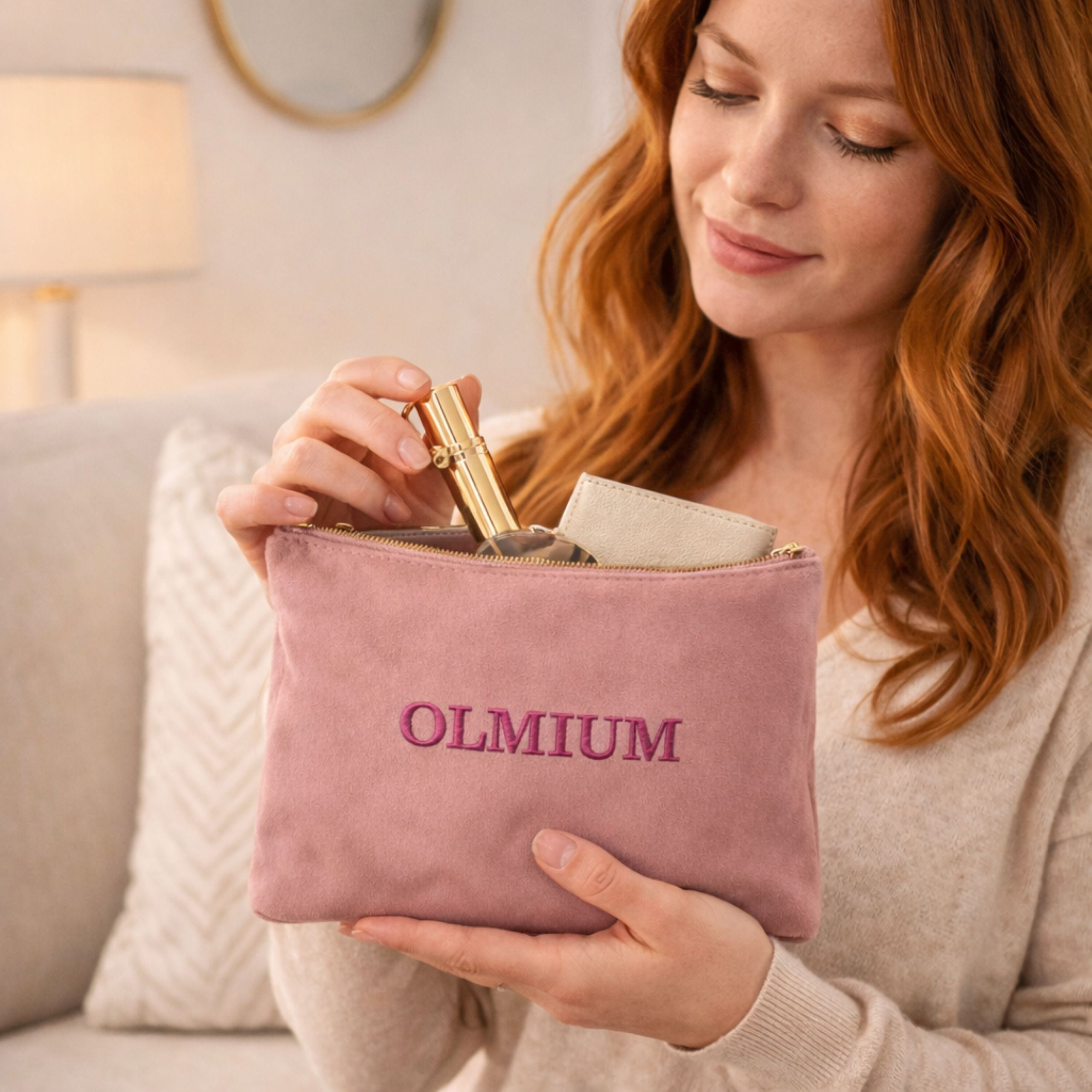 Woman holding personalised velvet accessory bag with metallic embroidery