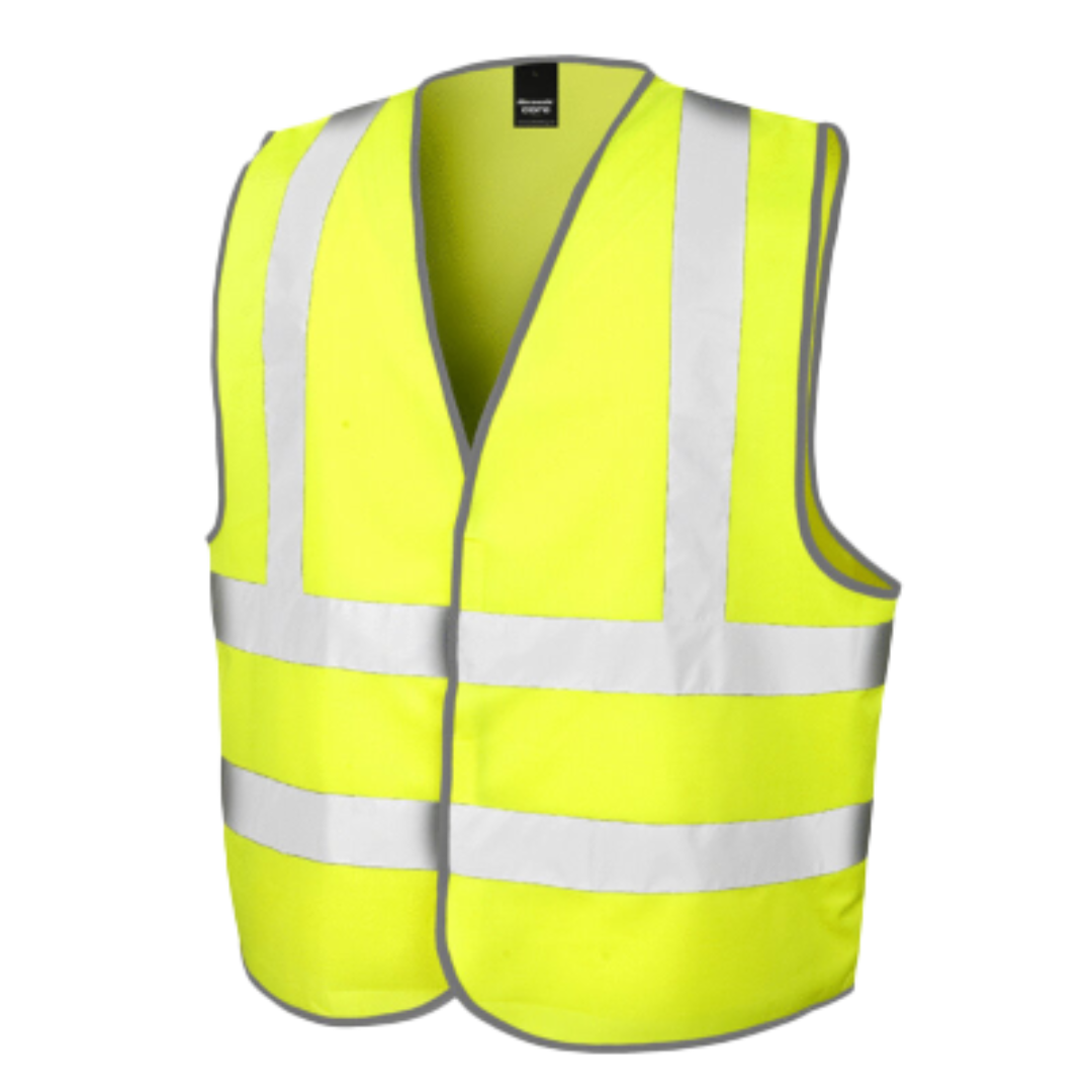 Worker wearing high-visibility workwear safety vest with embroidered left chest logo on construction site